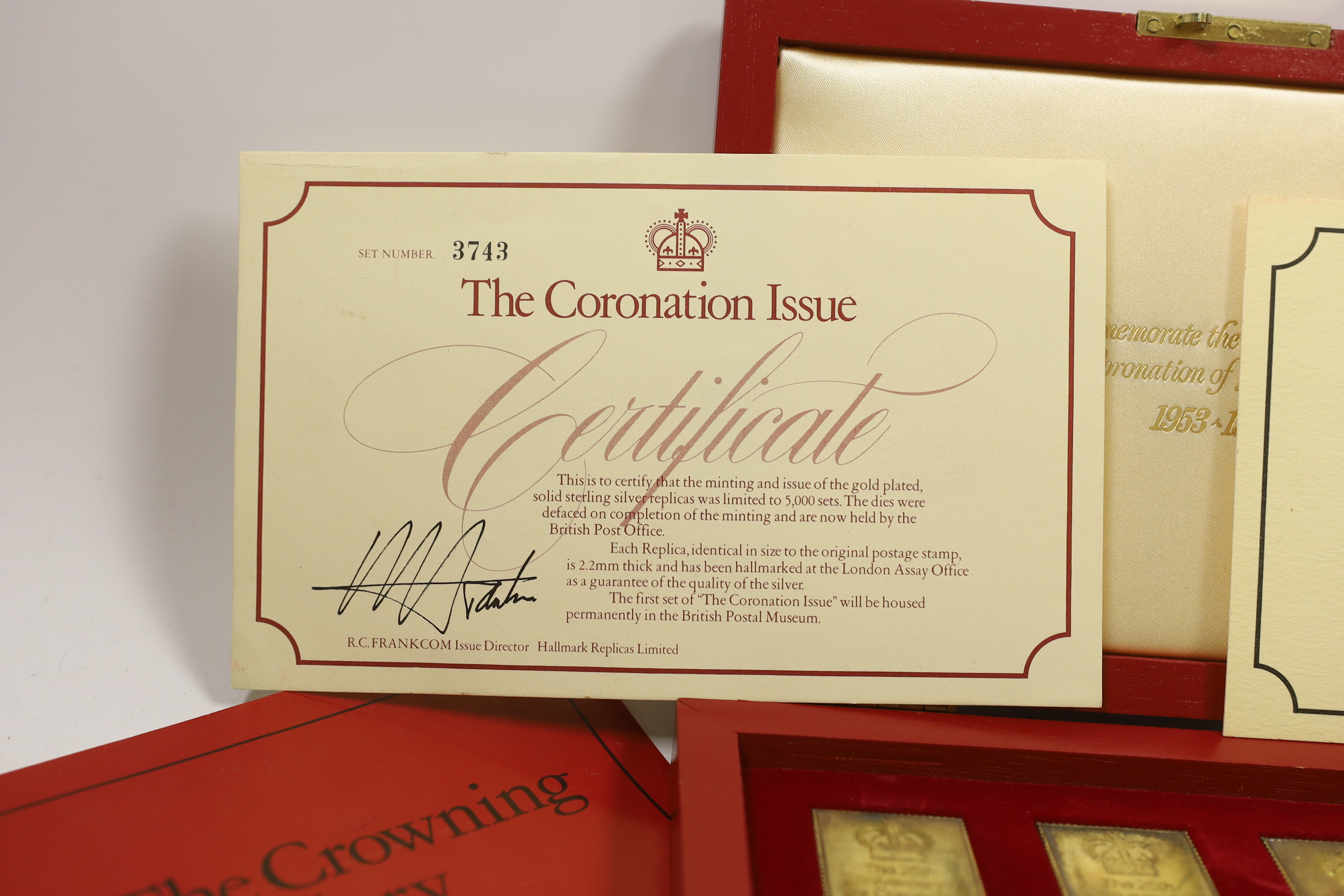Hallmark Replicas Ltd. silver gilt Coronation issue stamp replicas, cased